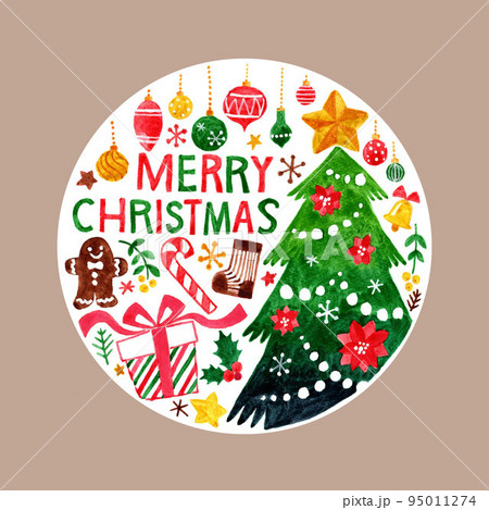 クリスマス　水彩手描きイラスト　円形 95011274