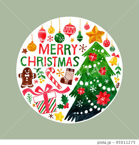 クリスマス 水彩手描きイラスト 円形 クリスマス 水彩手描きイラスト 円形 95011275