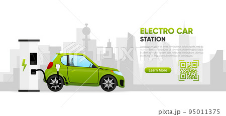 Electric car on Charging Station. Scan QR code. Battery EV vehicle plugged and getting electricity. Vector illustration. Electric car on Charging Station. Scan QR code. Battery EV vehicle plugged and getting electricity. Vector illustration. 95011375