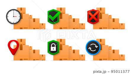 Delivery service steps. Delivery boxes. Express delivery. Shipment of goods, tracking, security, return, approved and rejected parcel. Vector illustration. 95011377