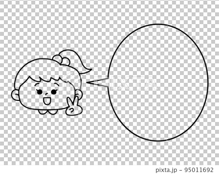 Girl making a piece with a smile, speech bubble, character space / line drawing, monochrome 95011692