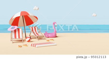 summer sea beach and island with beach chair,umbrella,ball,Inflatable flamingo,cloud,sandals,starfish,rubber raft isolated landscape background concept ,3d illustration or 3d render 95012113