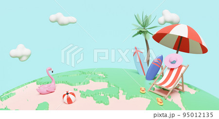 summer travel around the world concept with beach chair,ball,umbrella,inflatable flamingo,coconut tree,hat,surfboard ,3d illustration or 3d render 95012135
