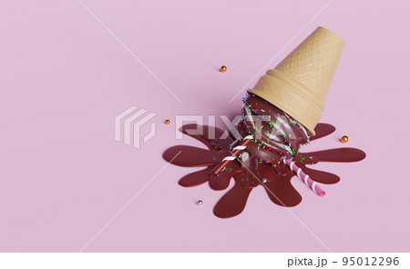 ice cream chocolate with topping in waffle cones fallen isolated on pink pastel background.3d illustration or 3d render ice cream chocolate with topping in waffle cones fallen isolated on pink pastel background.3d illustration or 3d render 95012296