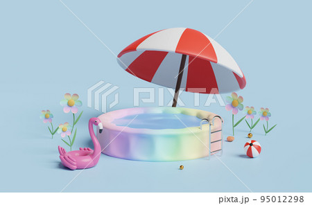 Inflatable Pool with swim ring flamingo,umbrella,beach ball isolated on blue background. Summer decorate concept ,3d illustration or 3d render 95012298