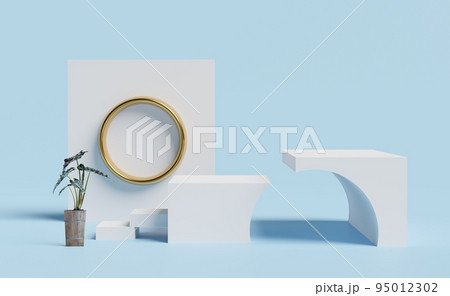 white stage podium empty with plant in blue pastel composition. Summer decorate concept ,abstract showcase background ,3d illustration or 3d render 95012302