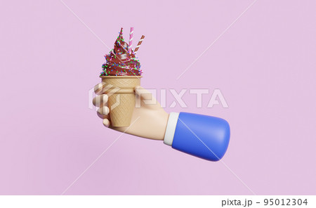 hands holding ice cream chocolate with topping in waffle cones isolated on pink pastel background.3d illustration or 3d render 95012304