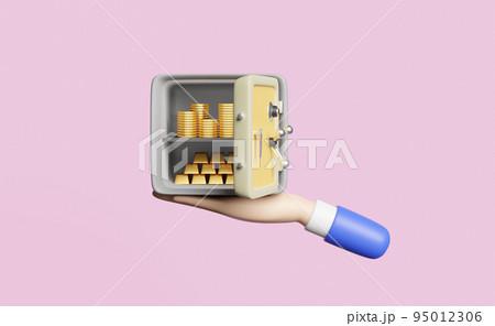 hands holding safe box full of coins stack and gold bar in pink background ,business banking concept ,3d illustration or 3d rendering hands holding safe box full of coins stack and gold bar in pink background ,business banking concept ,3d illustration or 3d rendering 95012306