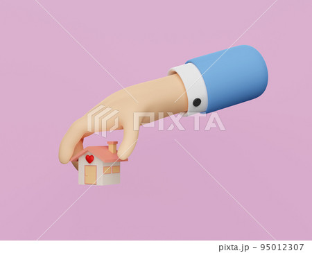 cartoon businessman hands holding house isolated on pink background. 3d illustration or 3d render cartoon businessman hands holding house isolated on pink background. 3d illustration or 3d render 95012307