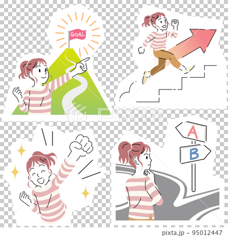 シンプルなタッチの若い女性のイラストセット（ステップアップ・選択・目標・達成） 95012447