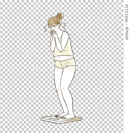 体重計に乗って困っている肥満の女性 95013110