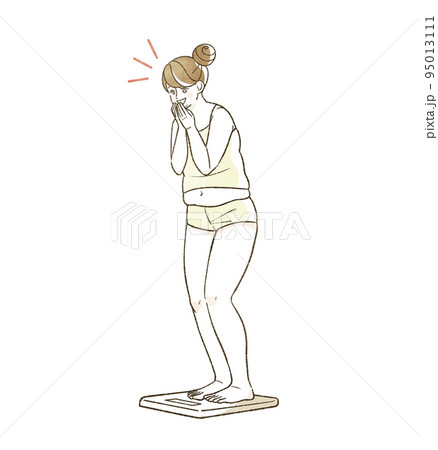体重計に乗って喜んでいる肥満の女性 95013111