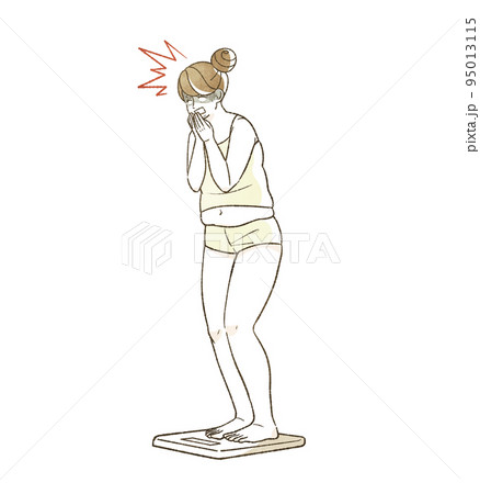 体重計に乗ってショックを受けている肥満の女性 体重計に乗ってショックを受けている肥満の女性 95013115