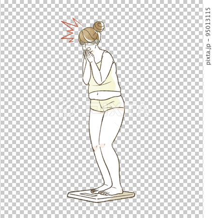 体重計に乗ってショックを受けている肥満の女性 体重計に乗ってショックを受けている肥満の女性 95013115