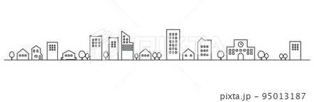 横長のシンプルな街並みの線画　シルエットイラスト素材　背景イラスト　都市景観 95013187