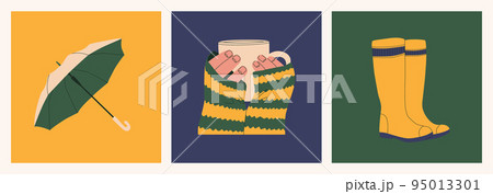 An open umbrella, rubber boots, hands holding a mug of hot drink. Set of autumn design elements. Vector flat isolated illustrations. 95013301