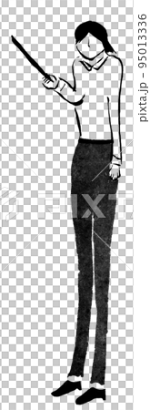 Full-body female office worker holding a stick (ink hand-drawn illustration) 95013336