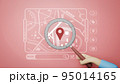 3D illustation. City street map and magnifying glass over it on red background. Travel concept 95014165