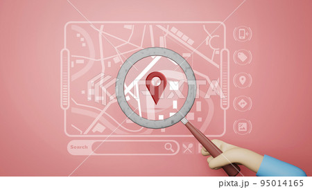 3D illustation. City street map and magnifying glass over it on red background. Travel concept 95014165