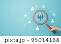 Magnifying glass looking for people icon, employee search symbol concept. Staff selection concept 95014168