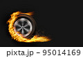 Auto tire in fire burning wheel on background. 95014169