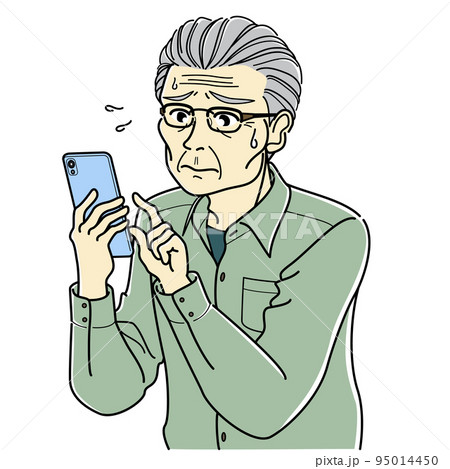 スマホの使い方がわからなくて困っている高齢男性 95014450