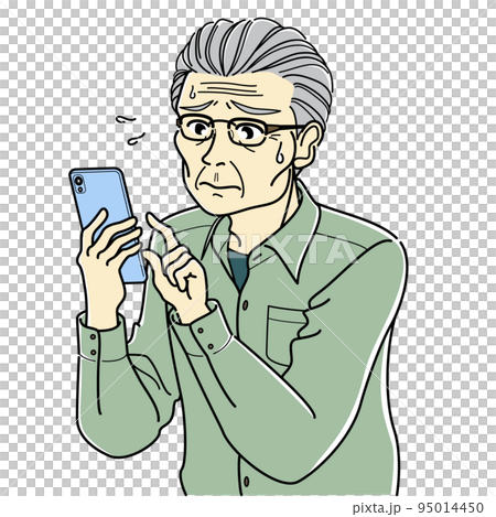 スマホの使い方がわからなくて困っている高齢男性 95014450