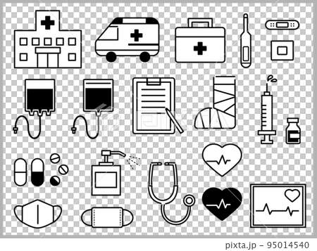 病院、医療機器、薬などイラストアイコンセット(白黒) 病院、医療機器、薬などイラストアイコンセット(白黒) 95014540