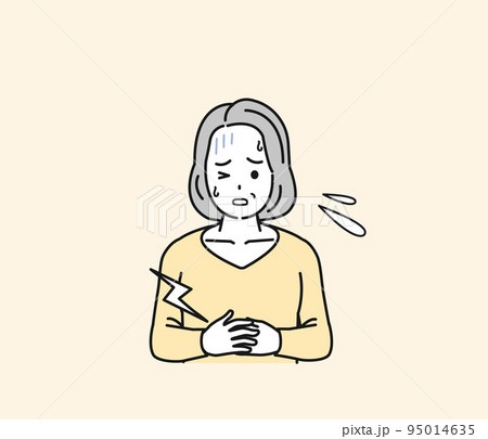 お腹が痛い中年の女性　腹痛　食あたり　食中毒　病気　症状　イラスト 95014635