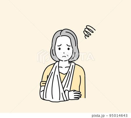 腕を骨折する中年の女性　怪我　ギプス固定　イラスト 95014643