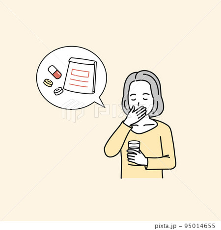 薬を飲む中年の女性　ミドル　服薬　服用　処方箋　イラスト 95014655
