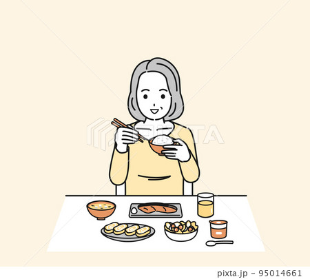 食生活　朝食を食べる　中年の女性　ミドル　健康的な食事　自炊　イラスト 95014661