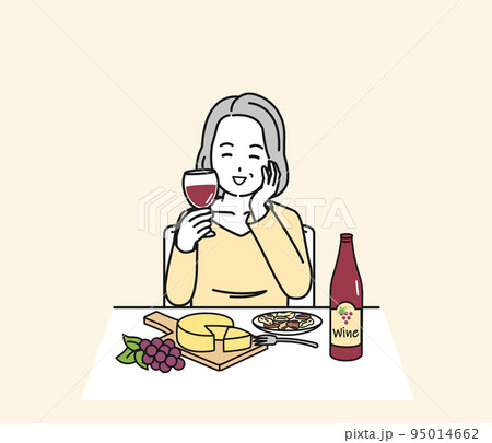 ワインを飲む中年の女性 ミドル 夕食 飲酒 晩酌 イラスト ワインを飲む中年の女性 ミドル 夕食 飲酒 晩酌 イラスト 95014662