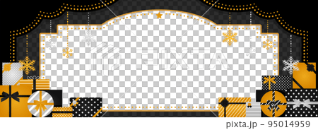 昔の劇場風フレーム・背景素材　山積みのプレゼント＆雪のオーナメント／黒（バナー向け横長） 95014959