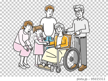 An elderly mother in a wheelchair who is on good terms with a three-generation family 95015311