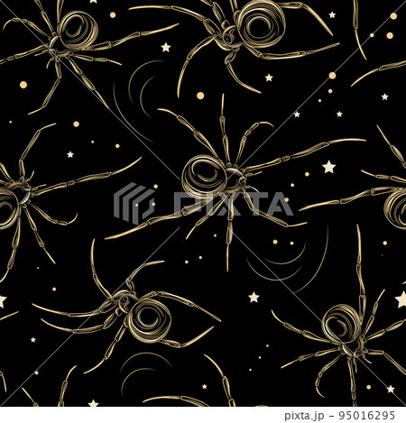 Seamless pattern with spiders and stars. Halloween mood pattern. Black background with gold pattern. Terrible scary pattern Seamless pattern with spiders and stars. Halloween mood pattern. Black background with gold pattern. Terrible scary pattern 95016295