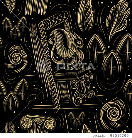 Seamless pattern with gargoyles. Halloween mood pattern. Black background with gold pattern. Gothic style Seamless pattern with gargoyles. Halloween mood pattern. Black background with gold pattern. Gothic style 95016296