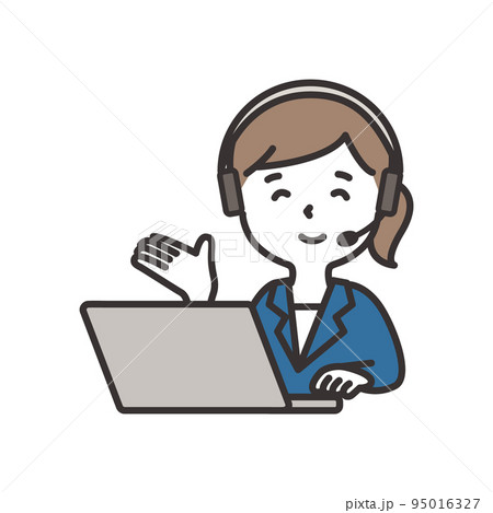 ヘッドセットをつけてパソコンに向かいこちらと促すスーツの女性 95016327