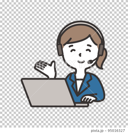 ヘッドセットをつけてパソコンに向かいこちらと促すスーツの女性 95016327