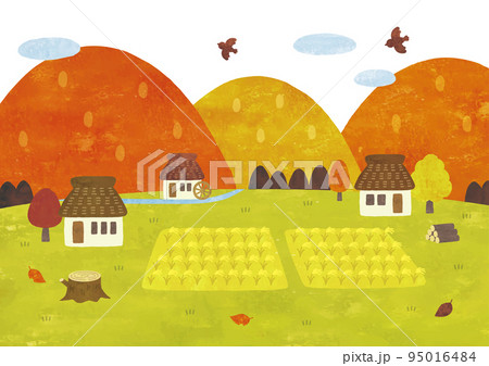 日本の昔の田舎の秋の風景水彩背景のイラスト素材