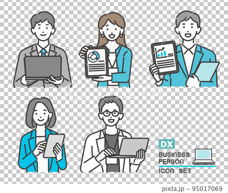 Vector illustration material of male and female business people holding tablets and personal computers with DX promotion / architecture / IT / logistics 95017069