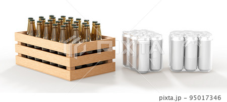 Tin cans in plastic wrap and wooden box full glass bottles beer, front and angle view. Mockup of metal jars in transparent pack and wood crate with alcohol drinks on white background 95017346