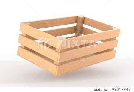 Wooden box angle view 3D render. Blank wood crate, timber plank container, tray or pallet for storage, transportation and delivery farm fruit or vegetable isolated on white background 95017347
