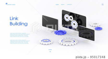 Link building isometric landing page. Seo optimization, cooperation of websites with computer screens and gears on white background. Concept of building hyperlink system, web banner 95017348