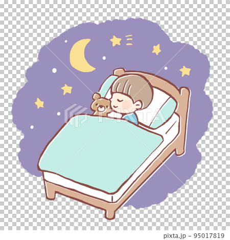 一個孩子晚上睡在床上的插圖 95017819