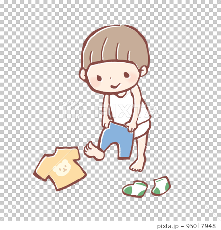 Illustration of a child changing clothes by himself 95017948