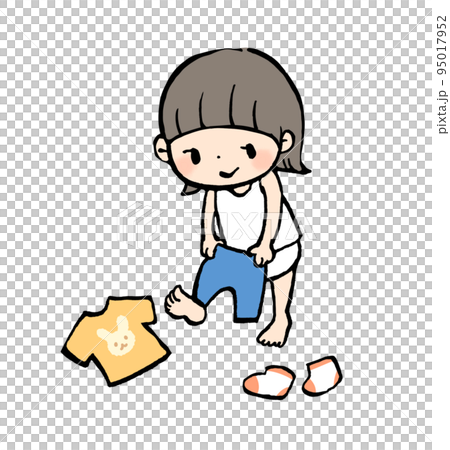 Illustration of a child changing clothes by himself Illustration of a child changing clothes by himself 95017952