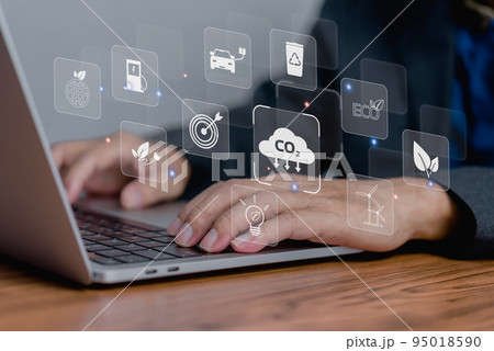 Organizations or companies develop carbon credit business virtual screen. Reduce CO2 emissions. Sustainable business development concept. 95018590