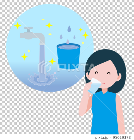 Illustration of a woman happily drinking safe water 95019378
