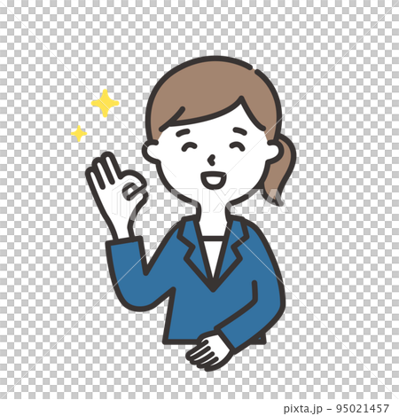 一個穿著西裝的女人帶著微笑給出一個好的手勢的插圖 一個穿著西裝的女人帶著微笑給出一個好的手勢的插圖 95021457
